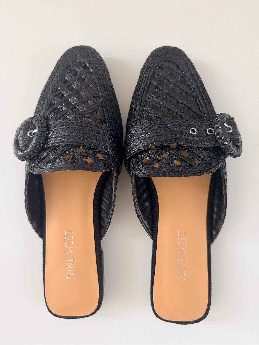Nine West Black Woven Buckle Slide Mules